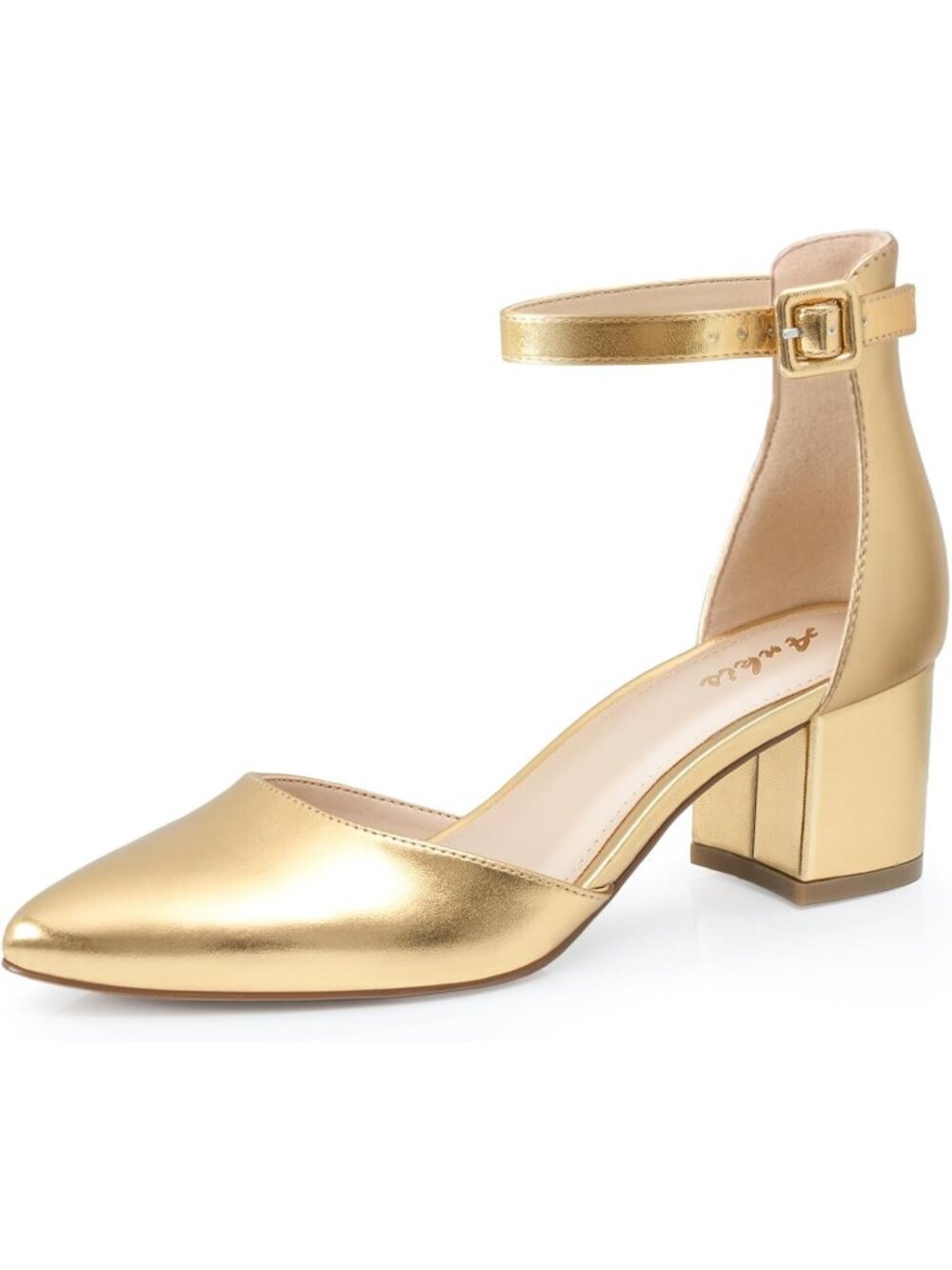 Ankis Women's Gold Polyurethane (PU) Pointed Toe Low Block Chunky Heels 2.25 In